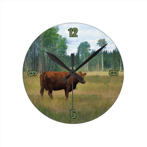 Brown Cow on a Horse and Cattle Ranch Round Wall Clock