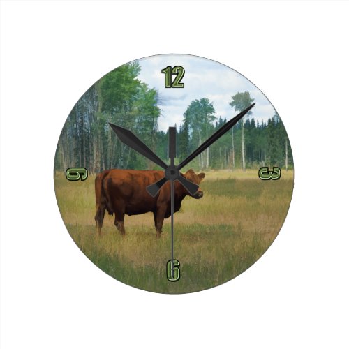 Brown Cow on a Horse and Cattle Ranch Round Clock