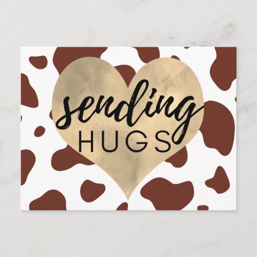 Brown Cow Pattern Gold Heart Sending Hugs Postcard