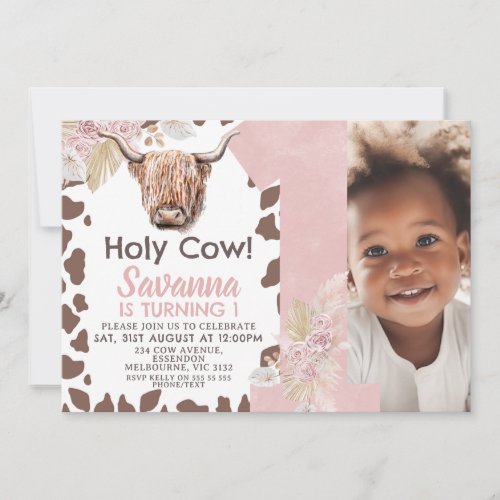 Brown Cow Print Boho Floral Holy Cow 1st Birthday  Invitation