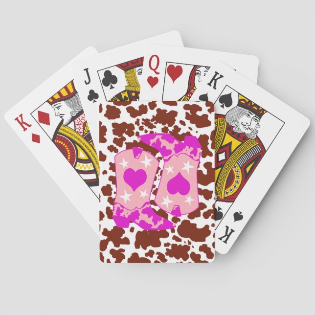 Brown Cow Print Pink Cowboy Boots Farmer Poker Cards (Back)