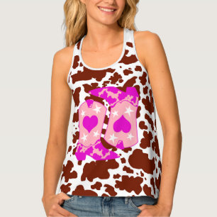 Brown Cow Print Pink Cowboy Boots Farmer Tank Top