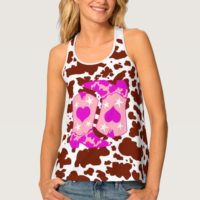 Brown Cow Print Pink Cowboy Boots Farmer Tank Top (Front)