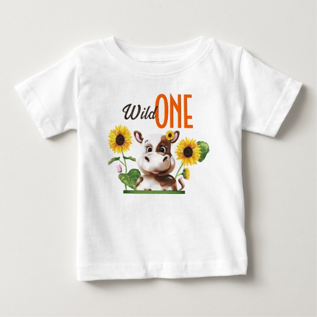 Brown Cow Sunflower Girl First Birthday Baby T-Shirt (Front)