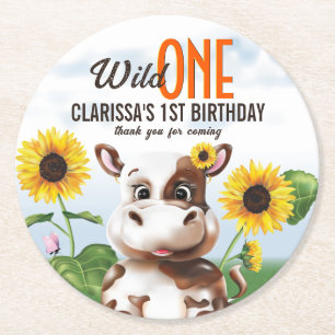 Brown Cow Sunflower Girl First Birthday Round Paper Coaster