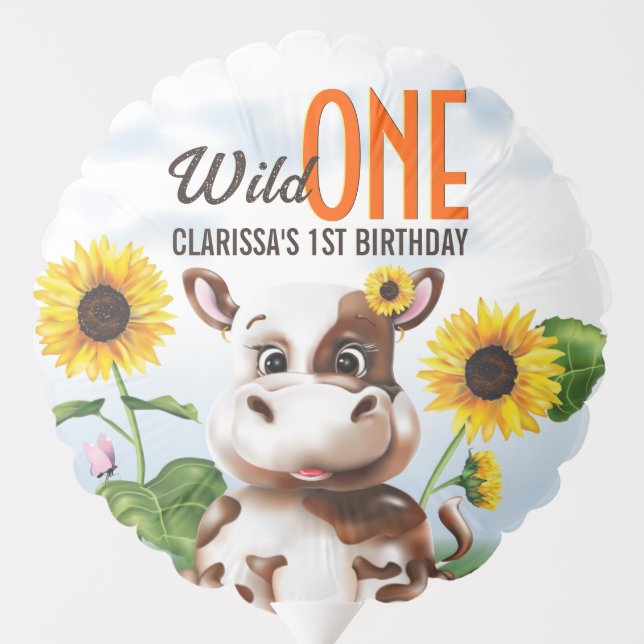 Brown Cow Sunflower Wild One Girl First Birthday Balloon (Back)