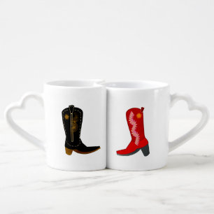 Brown Cowboy Boot and Red Cowgirl Boot Coffee Mug Set