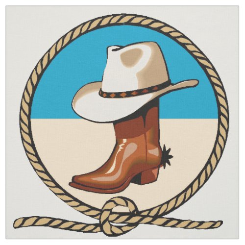 Brown Cowboy Boots Hat Rodeo Circle Print Pattern Fabric