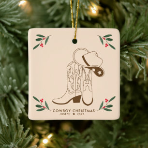 Brown Cowboy Christmas Cute cowboy boots Ceramic Ornament