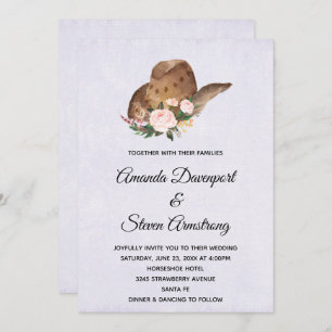 Brown Cowboy Hat with Pink Flowers Wedding Invitation