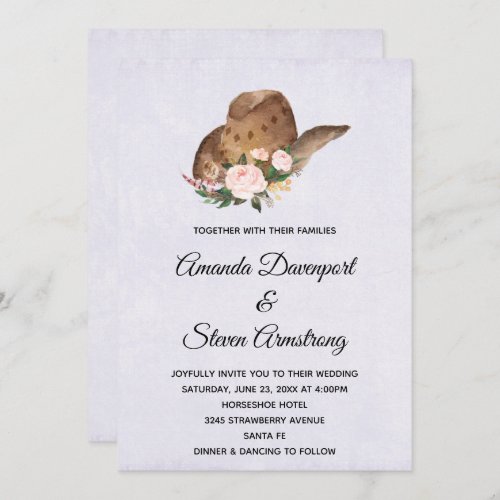 Brown Cowboy Hat with Pink Flowers Wedding Invitation