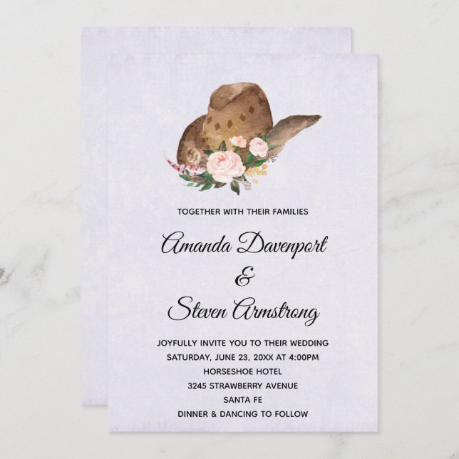 Brown Cowboy Hat with Pink Flowers Wedding Invitation (Front/Back)