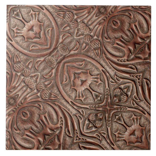 Brown Cowboy Rustic Western Country Leather Print Ceramic Tile (Front)