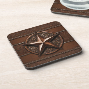 Brown Cowboy Rustic Western Country Texas Star Beverage Coaster