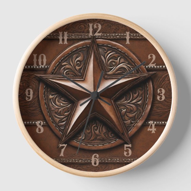 Brown Cowboy Rustic Western Country Texas Star Clock (Front)