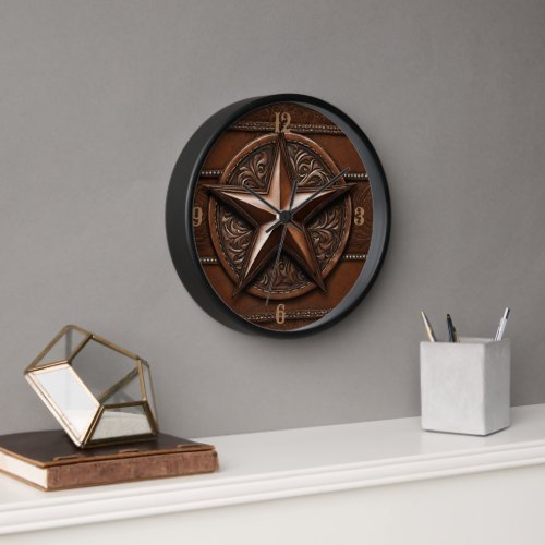 Brown Cowboy Rustic Western Country Texas Star Clock