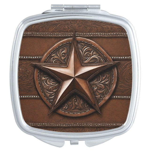 Brown Cowboy Rustic Western Country Texas Star Compact Mirror (Front)