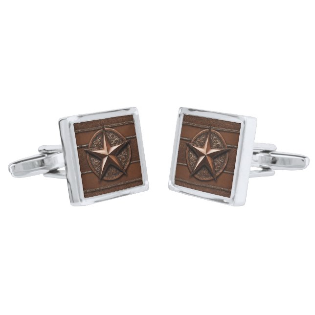 Brown Cowboy Rustic Western Country Texas Star Cufflinks (Angled)