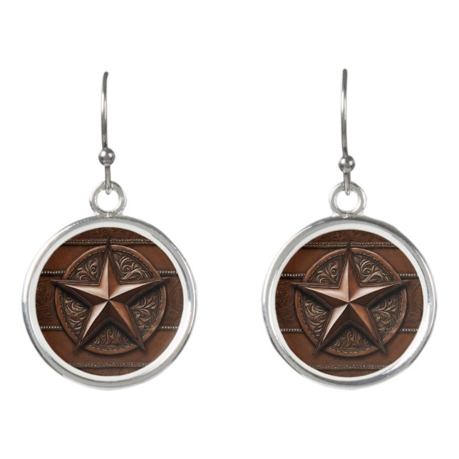 Brown Cowboy Rustic Western Country Texas Star Earrings (Front)