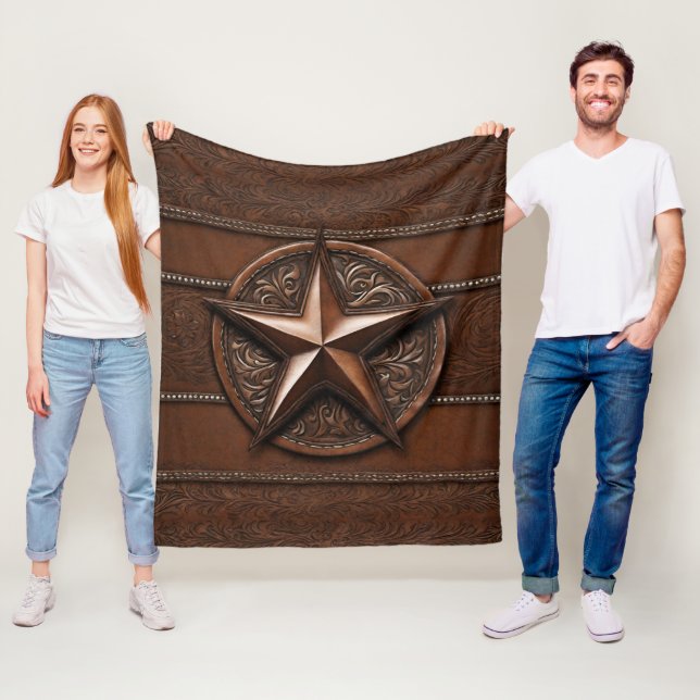 Brown Cowboy Rustic Western Country Texas Star Fleece Blanket (In Situ)