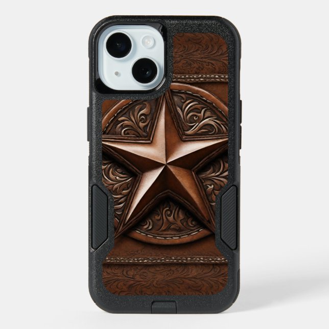 Brown Cowboy Rustic Western Country Texas Star iPhone 15 Case (Back)
