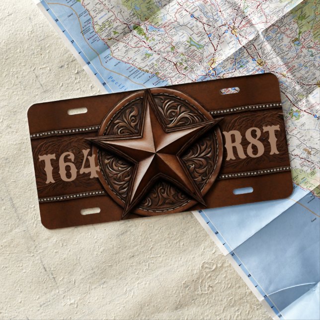 Brown Cowboy Rustic Western Country Texas Star License Plate (In Situ)