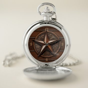 Brown Cowboy Rustic Western Country Texas Star Pocket Watch by WhenWestMeetEast at Zazzle