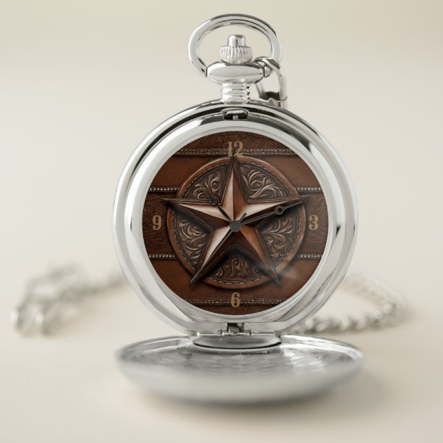 Brown Cowboy Rustic Western Country Texas Star Pocket Watch (Inside)