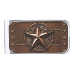 Brown Cowboy Rustic Western Country Texas Star Silver Finish Money Clip