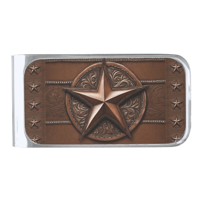 Brown Cowboy Rustic Western Country Texas Star Silver Finish Money Clip (Front)