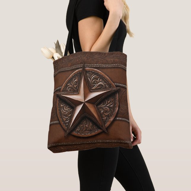 Brown Cowboy Rustic Western Country Texas Star Tote Bag (Close Up)