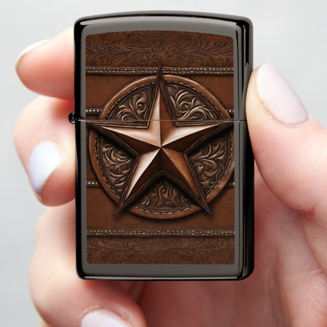 Brown Cowboy Rustic Western Country Texas Star Zippo Lighter (In Hand)