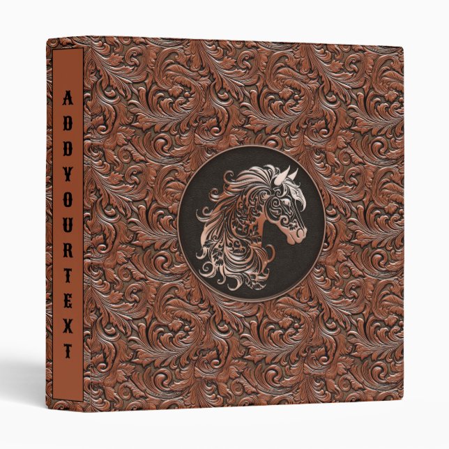 Brown cowgirl floral tooled leather horse head 3 ring binder (Front/Spine)