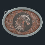Brown cowgirl floral tooled leather horse head belt buckle<br><div class="desc">Brown cowgirl floral tooled leather design with a floral horse head,  western style leather design. Available in more colors. For horse lovers,  equestrians.</div>
