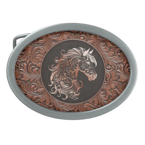 Brown cowgirl floral tooled leather horse head belt buckle