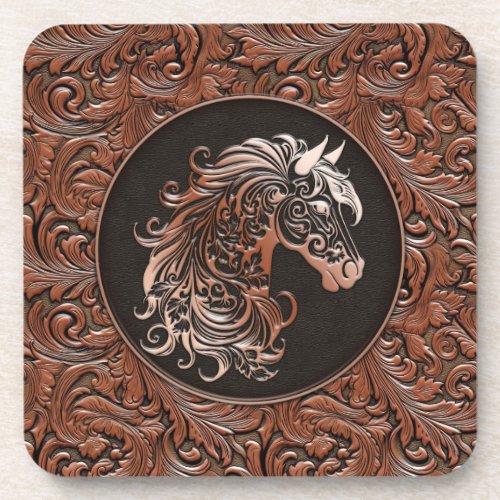 Brown cowgirl floral tooled leather horse head beverage coaster
