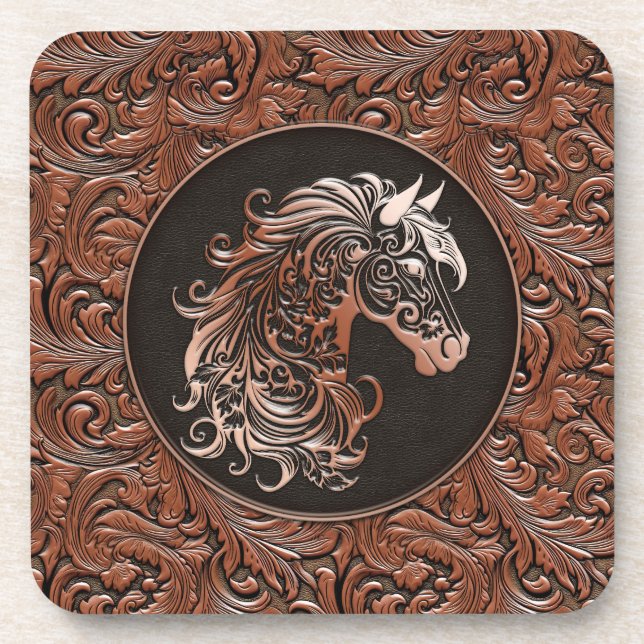 Brown cowgirl floral tooled leather horse head beverage coaster (Front)