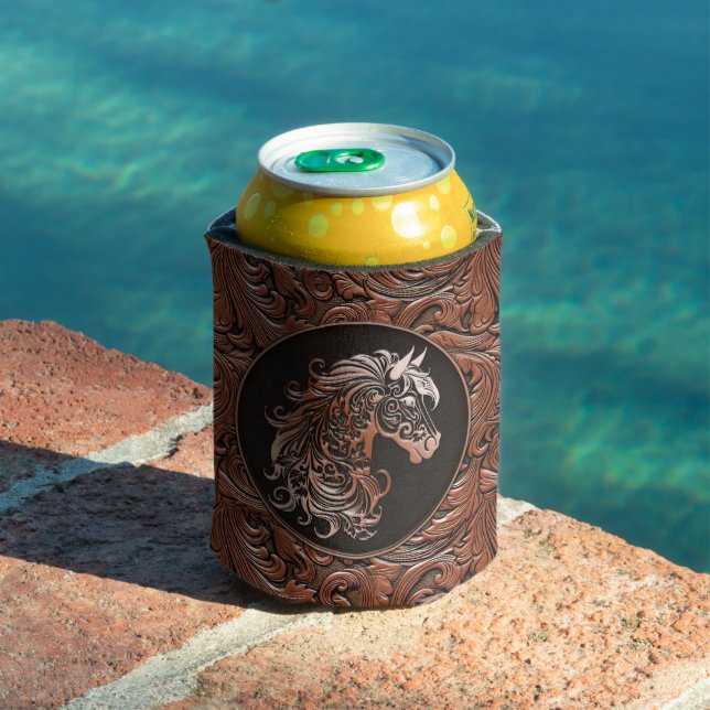 Brown cowgirl floral tooled leather horse head can cooler (In Situ Pool)