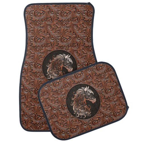 Brown cowgirl floral tooled leather horse head car floor mat