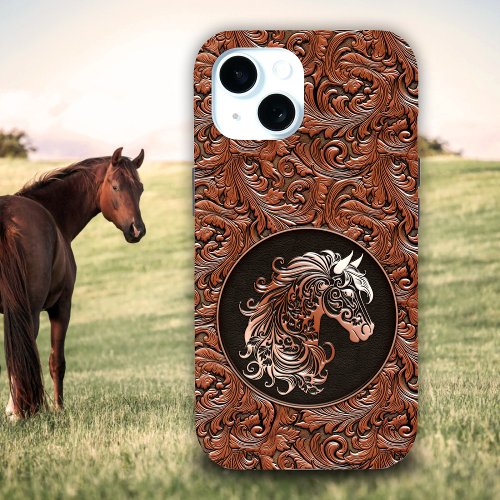 Brown cowgirl floral tooled leather horse head iPhone 15 case