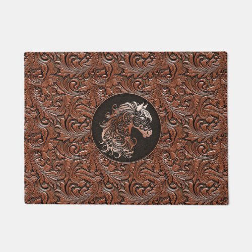 Brown cowgirl floral tooled leather horse head doormat