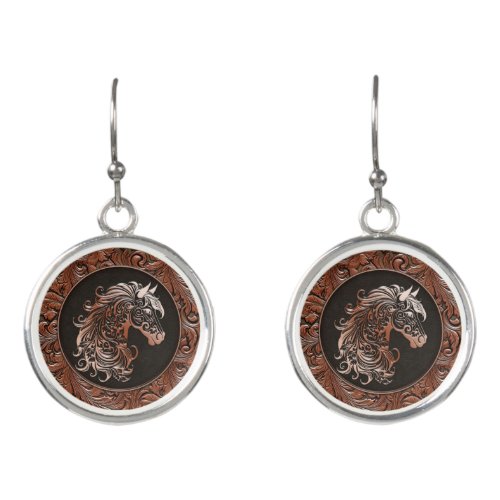 Brown cowgirl floral tooled leather horse head earrings