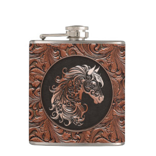 Brown cowgirl floral tooled leather horse head flask