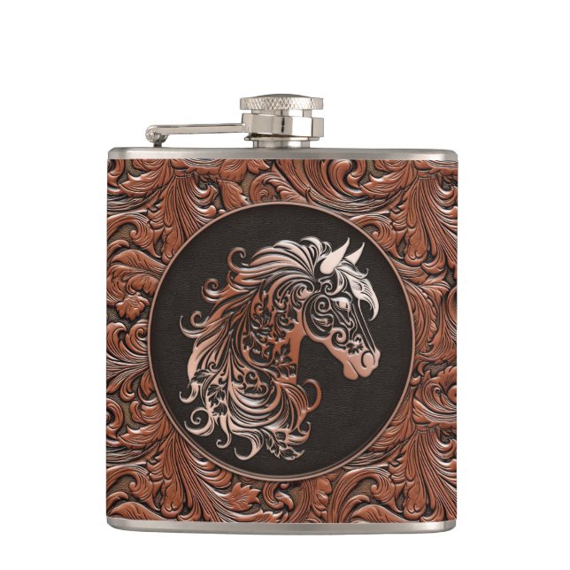 Brown cowgirl floral tooled leather horse head flask (Front)