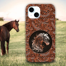 Brown cowgirl floral tooled leather horse head