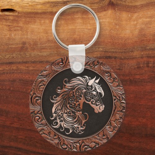 Brown cowgirl floral tooled leather horse head keychain
