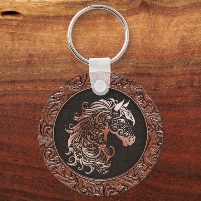 Brown cowgirl floral tooled leather horse head keychain (Front)