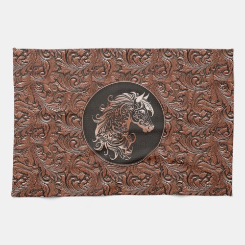 Brown cowgirl floral tooled leather horse head kitchen towel