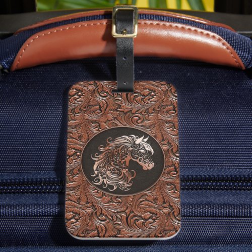 Brown cowgirl floral tooled leather horse head luggage tag