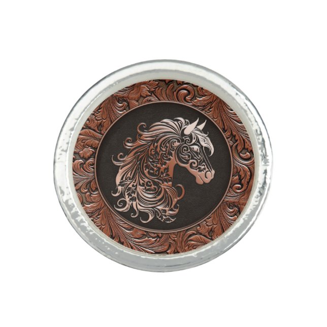 Brown cowgirl floral tooled leather horse head ring (Front)